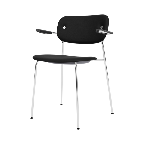 Audo Copenhagen Co Dining Chair, With Arms, Fully Upholstered in Chrome and Black Oak with Sierra 1001, packshot on white