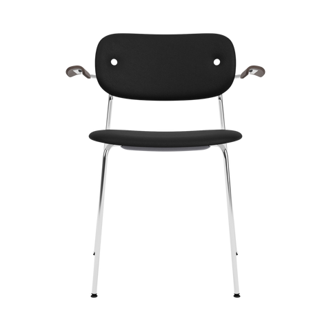 Audo Copenhagen Co Dining Chair, With Arms, Fully Upholstered in Chrome and Dark Stained Oak with Sierra 1001, packshot on white