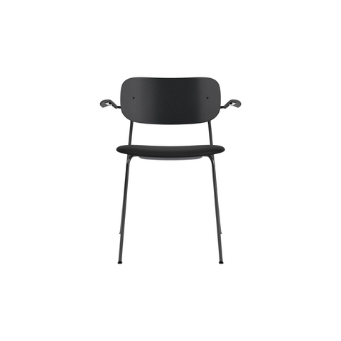 Audo Copenhagen Co Dining Chair, With Arms, Partially Upholstered in Black Steel and Black Oak with Sierra 1001, packshot on white