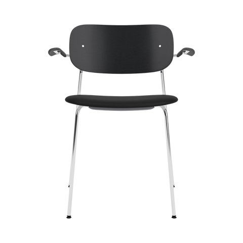 Audo Copenhagen Co Dining Chair, With Arms, Partially Upholstered in Chrome and Black Oak with Sierra 1001, packshot on white