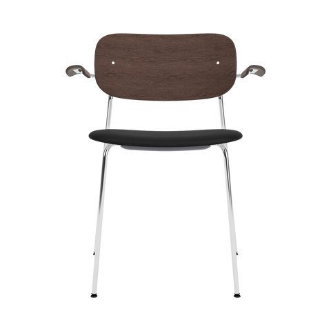 Audo Copenhagen Co Dining Chair, With Arms, Partially Upholstered in Chrome and Dark Stained Oak with Sierra 1001, packshot on white