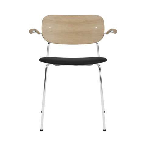 Audo Copenhagen Co Dining Chair, With Arms, Partially Upholstered in Chrome and Natural Oak with Sierra 1001, packshot on white