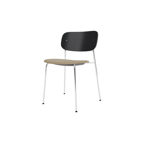 Audo Copenhagen Co Dining Chair, Without Arms, Partially Upholstered in Chrome and Black Oak with Audo Bouclé 02, packshot on white
