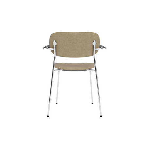 Audo Copenhagen Co Dining Chair, With Arms, Fully Upholstered in Chrome and Black Oak with Audo Bouclé 02, packshot on white