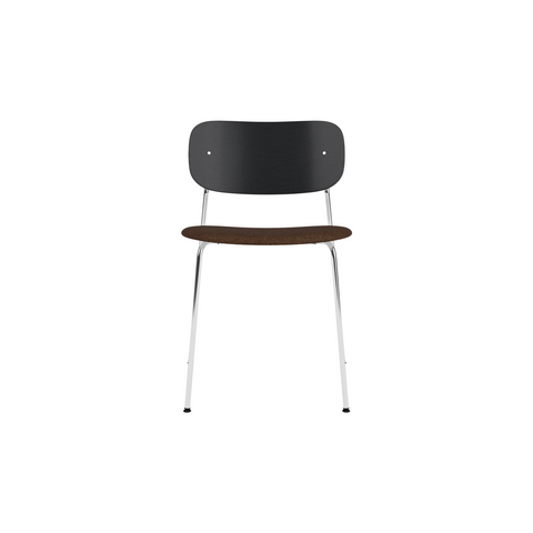 Audo Copenhagen Co Dining Chair, With Arms, Partially Upholstered in Chrome and Black Oak with Audo Bouclé 07, packshot on white