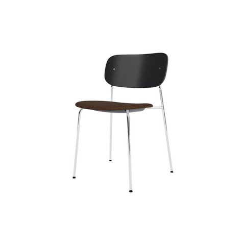 Audo Copenhagen Co Dining Chair, Without Arms, Partially Upholstered in Chrome and Black Oak with Audo Bouclé 07, packshot on white