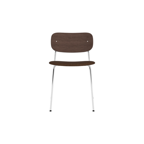 Audo Copenhagen Co Dining Chair, With Arms, Partially Upholstered in Chrome and Dark Stained Oak with Audo Bouclé 07, packshot on white