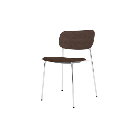 Audo Copenhagen Co Dining Chair, Without Arms, Partially Upholstered in Chrome and Dark Stained Oak with Audo Bouclé 07, packshot on white