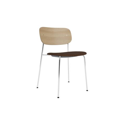 Audo Copenhagen Co Dining Chair, Without Arms, Partially Upholstered in Chrome and Natural Oak with Audo Bouclé 07, packshot on white