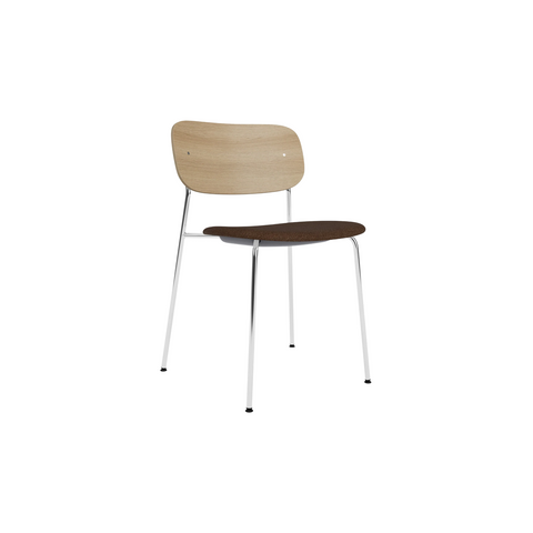 Audo Copenhagen Co Dining Chair, With Arms, Partially Upholstered in Chrome and Natural Oak with Audo Bouclé 07, packshot on white