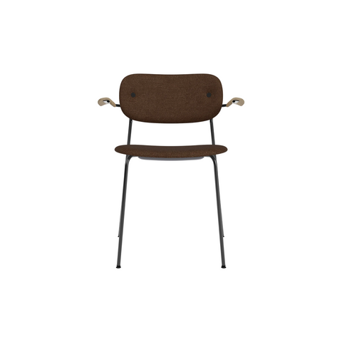 Audo Copenhagen Co Dining Chair, With Arms, Fully Upholstered in Black Steel and Natural Oak with Audo Bouclé 07, packshot on white