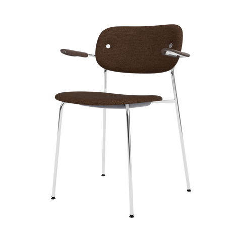 Audo Copenhagen Co Dining Chair, With Arms, Fully Upholstered in Chrome and Dark Stained Oak with Audo Bouclé 07, packshot on white