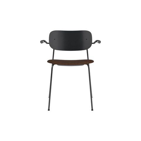 Audo Copenhagen Co Dining Chair, Without Arms, Partially Upholstered in Black Steel and Black Oak with Audo Bouclé 07, packshot on white