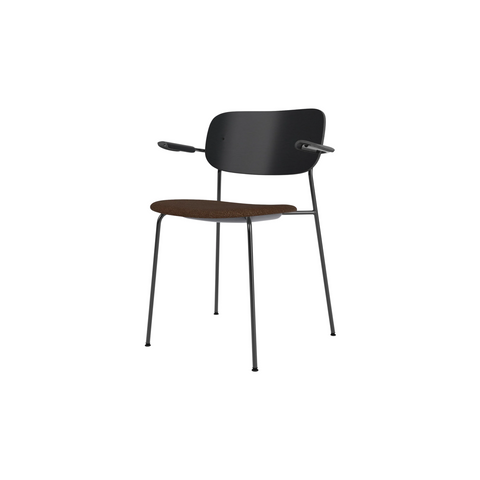 Audo Copenhagen Co Dining Chair, With Arms, Partially Upholstered in Black Steel and Black Oak with Audo Bouclé 07, packshot on white