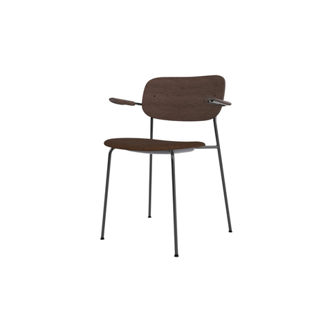 Audo Copenhagen Co Dining Chair, With Arms, Partially Upholstered in Black Steel and Dark Stained Oak with Audo Bouclé 07, packshot on white