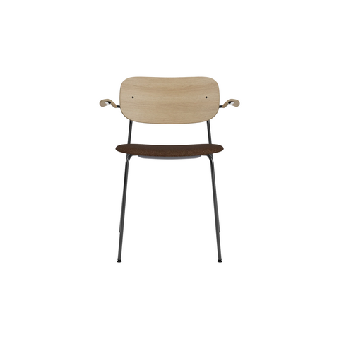 Audo Copenhagen Co Dining Chair, With Arms, Partially Upholstered in Black Steel and Natural Oak with Audo Bouclé 07, packshot on white