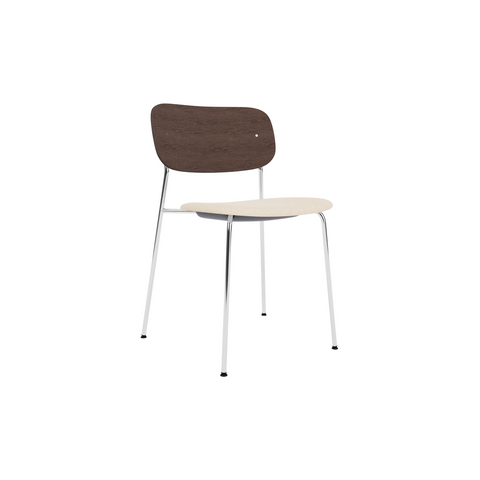 Audo Copenhagen Co Dining Chair, Without Arms, Partially Upholstered in Chrome and Dark Stained Oak with Logan Jasmine, packshot on white