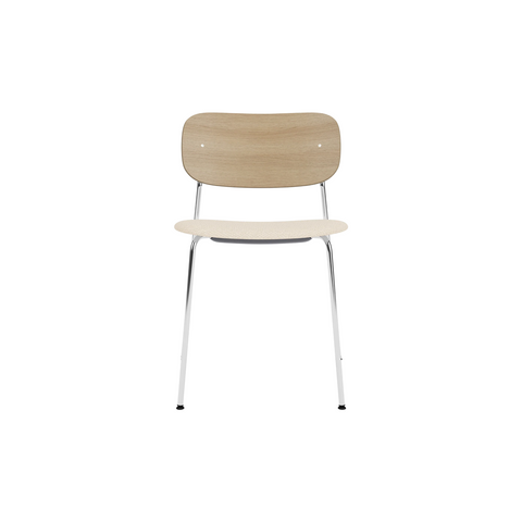 Audo Copenhagen Co Dining Chair, Without Arms, Partially Upholstered in Chrome and Natural Oak with Logan Jasmine, packshot on white