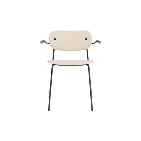 Audo Copenhagen Co Dining Chair, With Arms, Fully Upholstered in Black Steel and Natural Oak with Logan Jasmine, packshot on white