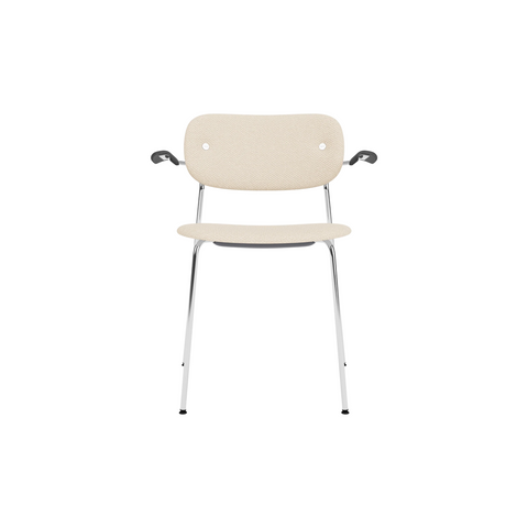 Audo Copenhagen Co Dining Chair, With Arms, Fully Upholstered in Chrome and Black Oak with Logan Jasmine, packshot on white