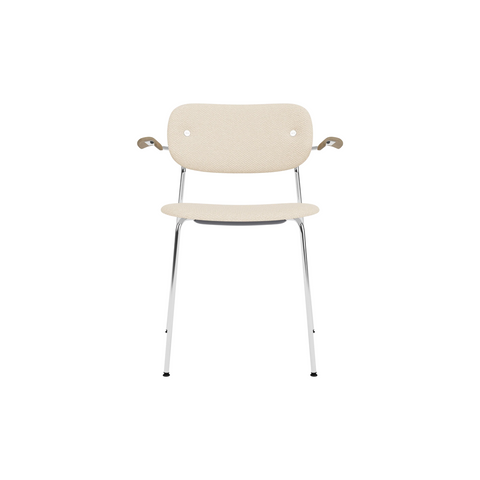 Audo Copenhagen Co Dining Chair, With Arms, Fully Upholstered in Chrome and Natural Oak with Logan Jasmine, packshot on white