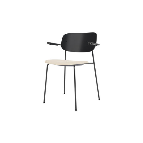 Audo Copenhagen Co Dining Chair, With Arms, Partially Upholstered in Black Steel and Black Oak with Logan Jasmine, packshot on white