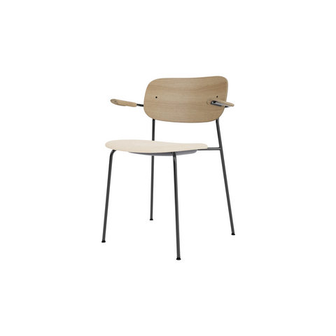 Audo Copenhagen Co Dining Chair, With Arms, Partially Upholstered in Black Steel and Natural Oak with Logan Jasmine, packshot on white