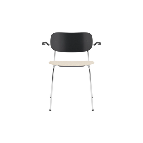 Audo Copenhagen Co Dining Chair, With Arms, Partially Upholstered in Chrome and Black Oak with Logan Jasmine, packshot on white
