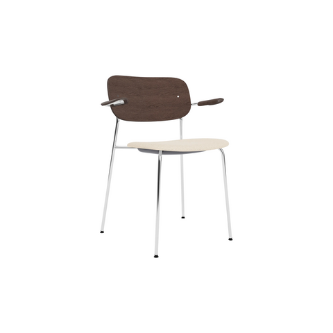 Audo Copenhagen Co Dining Chair, With Arms, Partially Upholstered in Chrome and Dark Stained Oak with Logan Jasmine, packshot on white