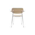 Audo Copenhagen Co Dining Chair, With Arms, Partially Upholstered in Chrome and Natural Oak with Logan Jasmine, packshot on white
