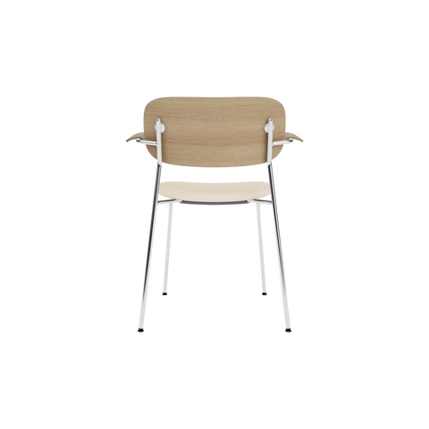 Audo Copenhagen Co Dining Chair, With Arms, Partially Upholstered in Chrome and Natural Oak with Logan Jasmine, packshot on white
