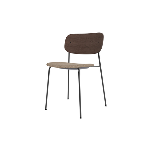 Audo Copenhagen Co Dining Chair, Without Arms, Partially Upholstered in Black Steel and Dark Stained Oak with Logan Flint, packshot on white