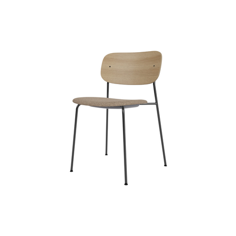 Audo Copenhagen Co Dining Chair, Without Arms, Partially Upholstered in Black Steel and Natural Oak with Logan Flint, packshot on white
