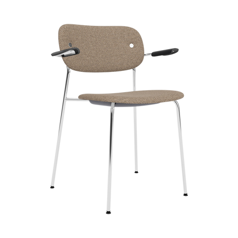 Audo Copenhagen Co Dining Chair, With Arms, Fully Upholstered in Chrome and Black Oak with Logan Flint, packshot on white