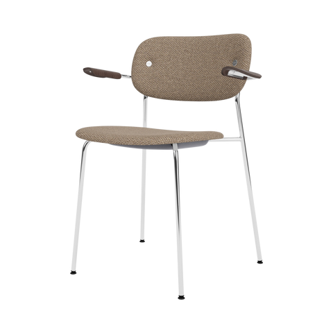 Audo Copenhagen Co Dining Chair, With Arms, Fully Upholstered in Chrome and Dark Stained Oak with Logan Flint, packshot on white