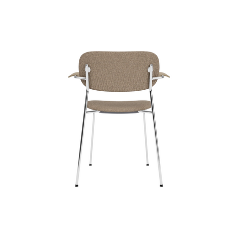Audo Copenhagen Co Dining Chair, With Arms, Fully Upholstered in Chrome and Natural Oak with Logan Flint, packshot on white