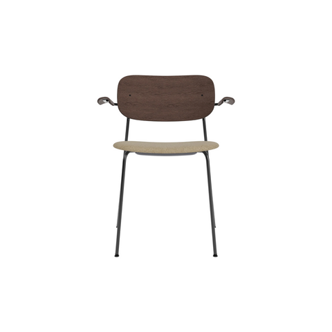 Audo Copenhagen Co Dining Chair, With Arms, Partially Upholstered in Black Steel and Dark Stained Oak with Logan Flint, packshot on white