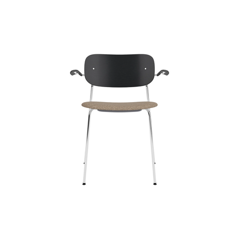 Audo Copenhagen Co Dining Chair, With Arms, Partially Upholstered in Chrome and Black Oak with Logan Flint, packshot on white