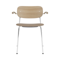 Audo Copenhagen Co Dining Chair, With Arms, Partially Upholstered in Chrome and Natural Oak with Logan Flint, packshot on white