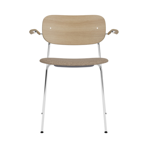 Audo Copenhagen Co Dining Chair, With Arms, Partially Upholstered in Chrome and Natural Oak with Logan Flint, packshot on white