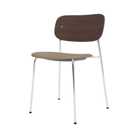 Audo Copenhagen Co Dining Chair, Without Arms, Partially Upholstered in Chrome and Dark Stained Oak with Sierra 1611, packshot on white