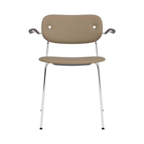 Audo Copenhagen Co Dining Chair, With Arms, Fully Upholstered in Chrome and Dark Stained Oak with Sierra 1611, packshot on white