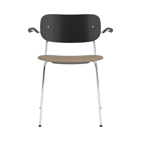 Audo Copenhagen Co Dining Chair, With Arms, Partially Upholstered in Chrome and Black Oak with Sierra 1611, packshot on white