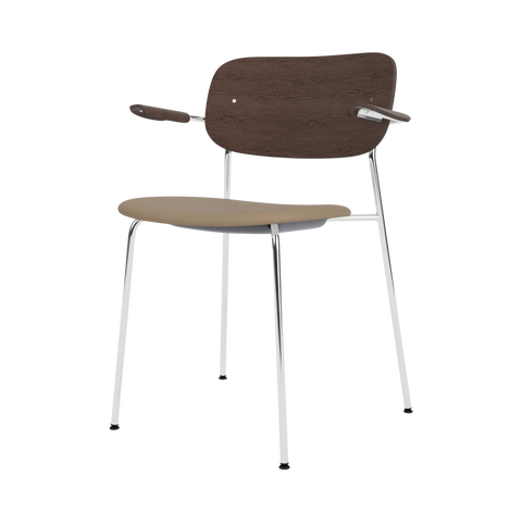 Audo Copenhagen Co Dining Chair, With Arms, Partially Upholstered in Chrome and Dark Stained Oak with Sierra 1611, packshot on white