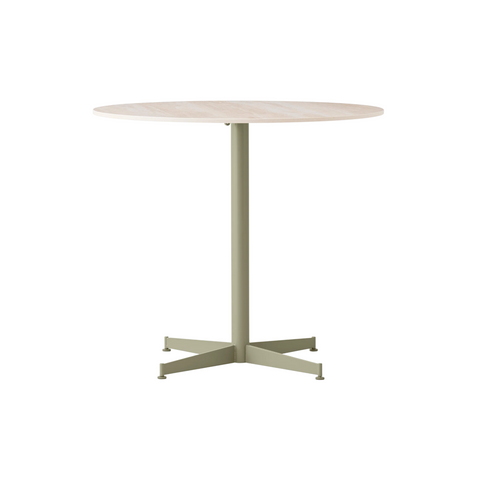 Audo Copenhagen Nook Dining Table 32"Ø in Olive and Ceramic Sand, packshot on white