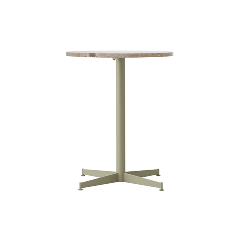 Audo Copenhagen Nook Dining Table 24"Ø in Olive and Kunis Breccia Stone, packshot on white