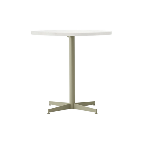 Audo Copenhagen Nook Dining Table 32"Ø in Olive and Estremoz Marble, packshot on white
