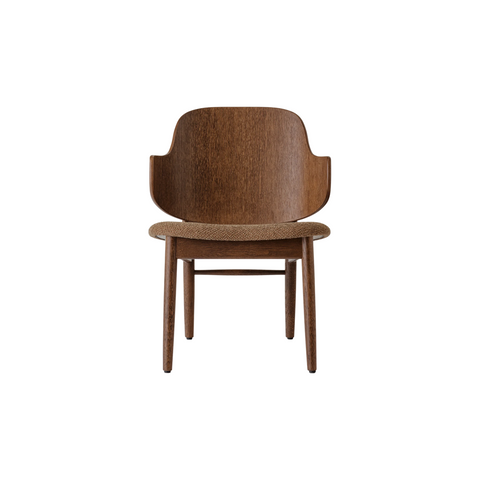 Audo Copenhagen The Penguin Wooden Lounge Chair, Upholstered, Upholstered Seat in Red Stained Oak with Logan Nutmeg, packshot on white