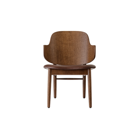 Audo Copenhagen The Penguin Wooden Lounge Chair, Upholstered, Upholstered Seat in Red Stained Oak with Aida 0329, packshot on white