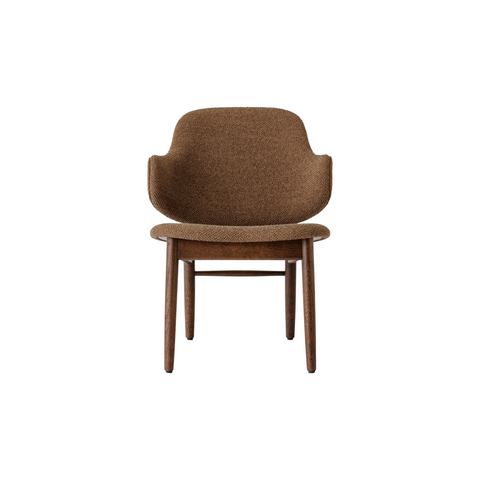 Audo Copenhagen The Penguin Wooden Lounge Chair, Upholstered, Fully Upholstered in Red Stained Oak with Logan Nutmeg, packshot on white